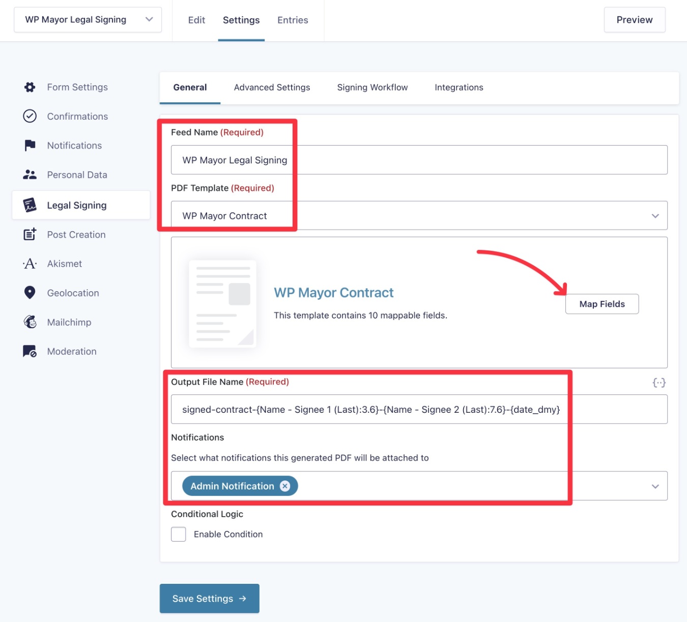 Configure legal signing feed