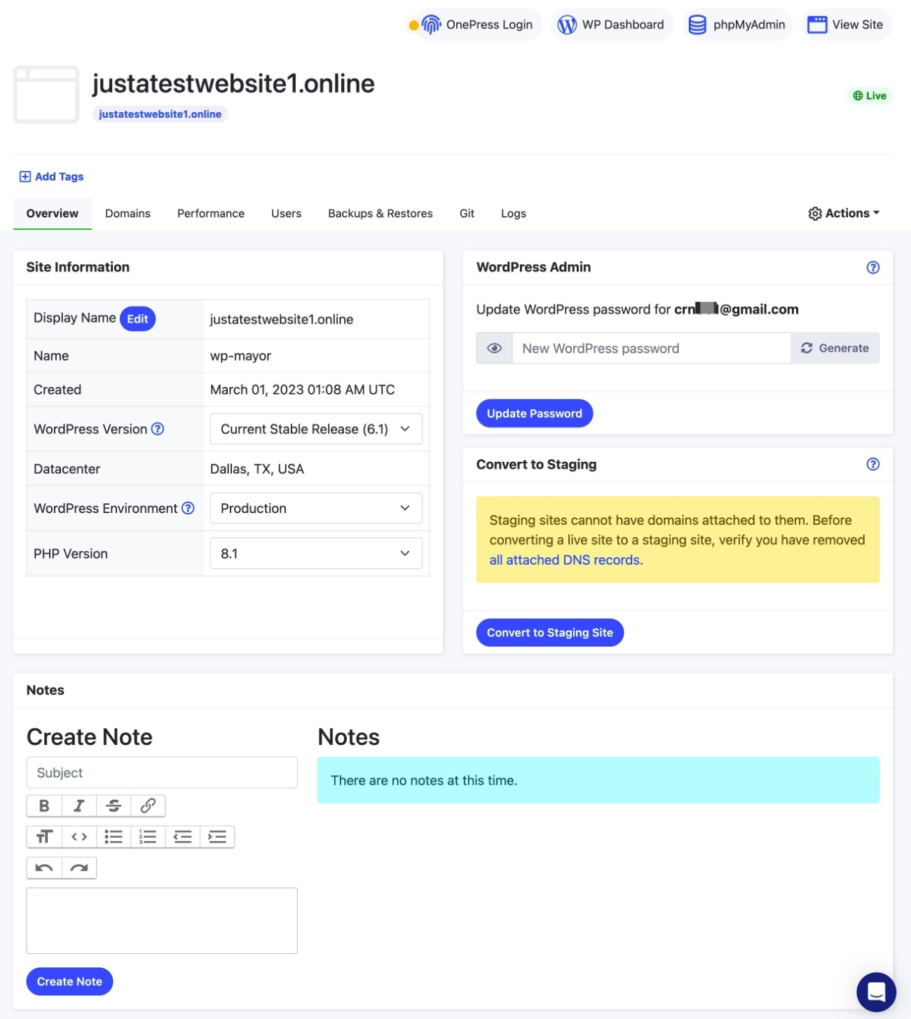 Pressable site dashboard