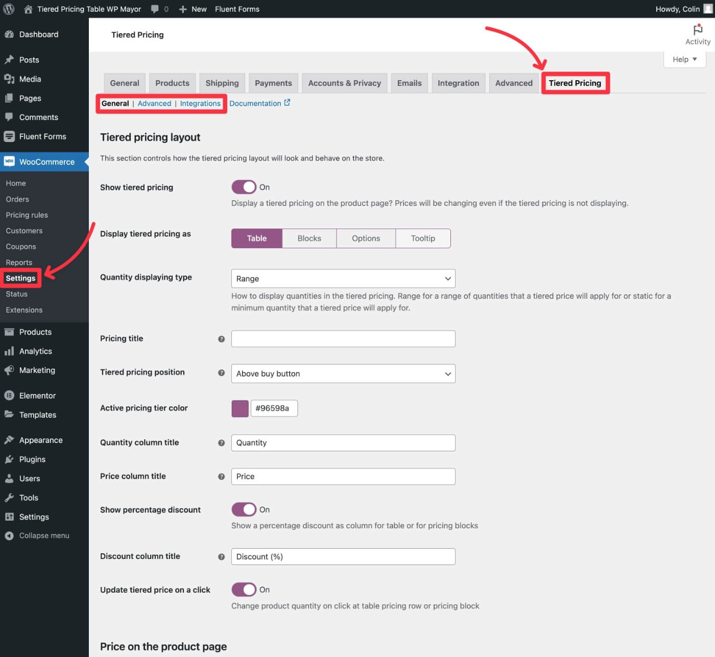 Tiered Pricing Table for WooCommerce settings
