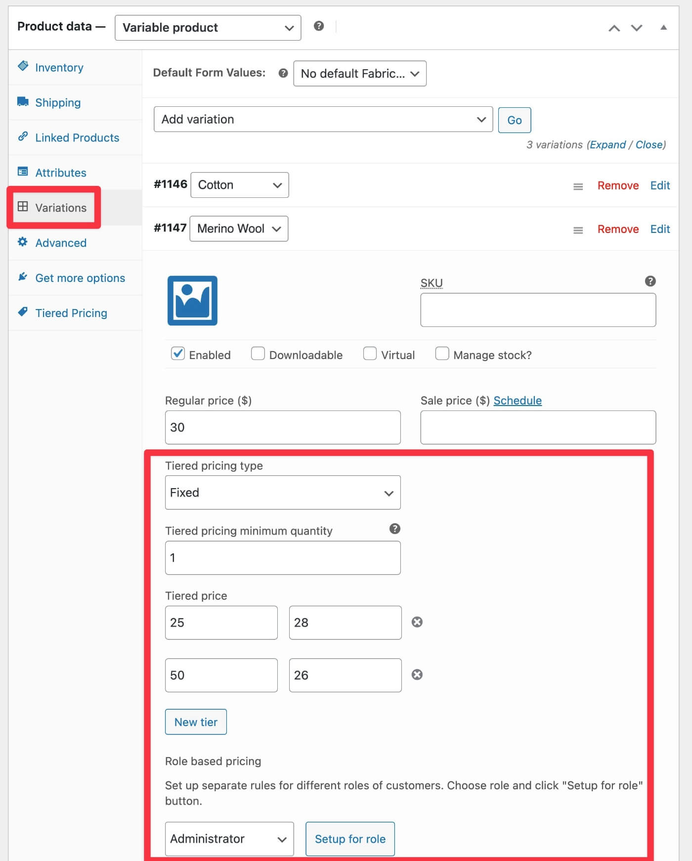 Tiered pricing for variations