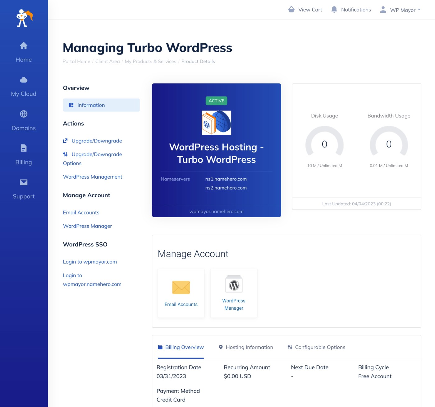 NameHero WordPress hosting dashboard
