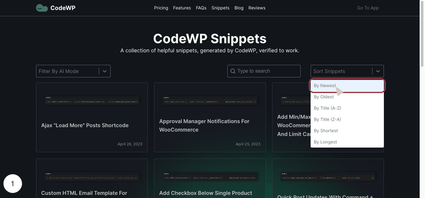 Navigating the CodeWP snippet library looking for generative AI tools