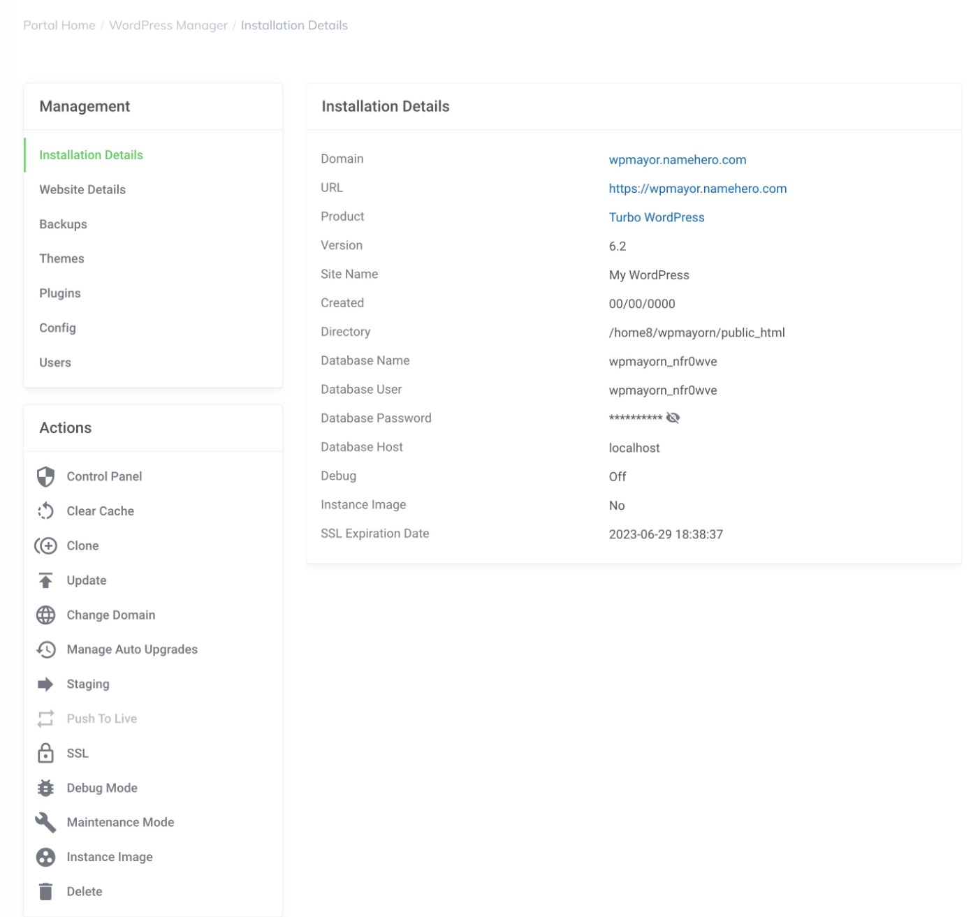 NameHero WordPress hosting dashboard