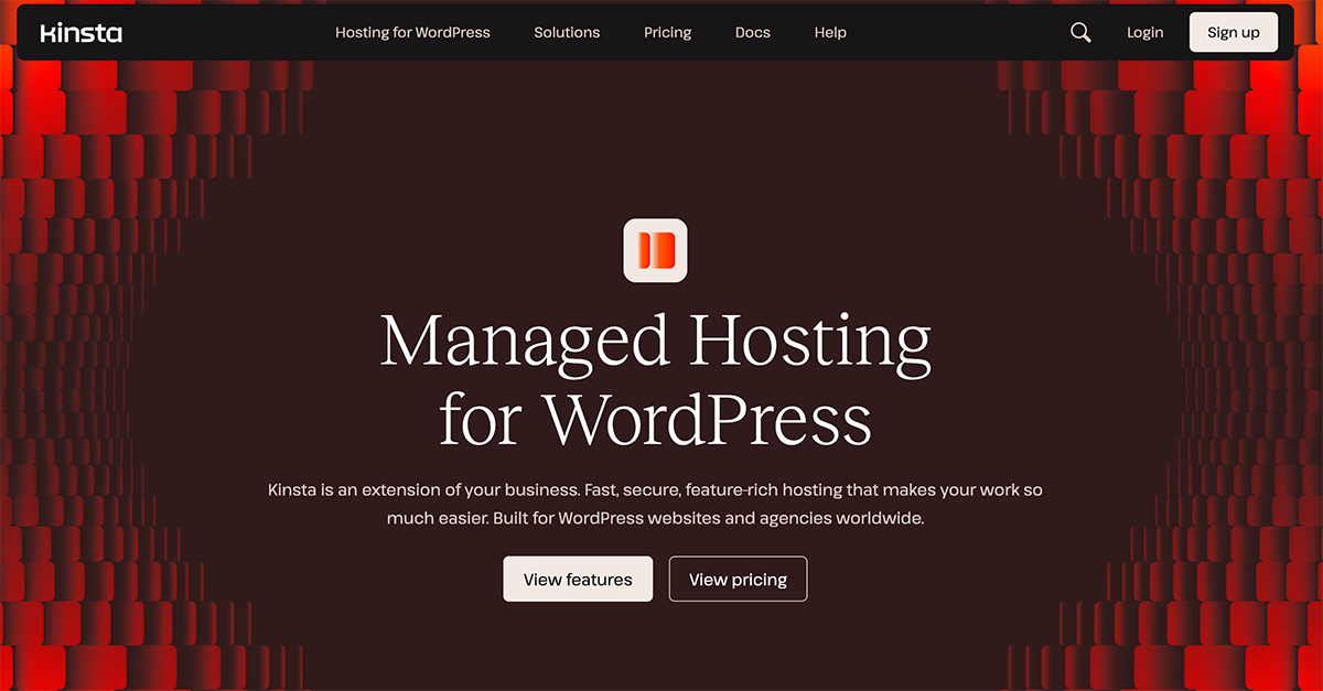 Kinsta main page. Managed Hosting for WordPress.