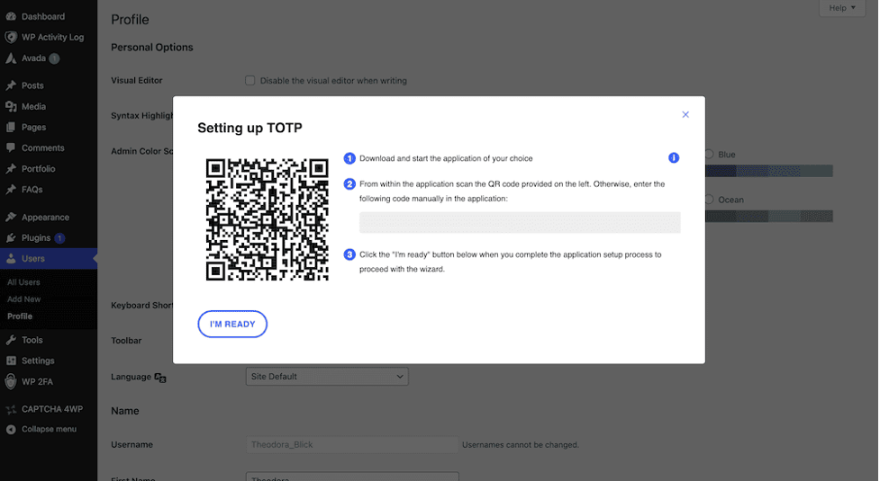 The WP 2FA QR code within the WordPress back end.
