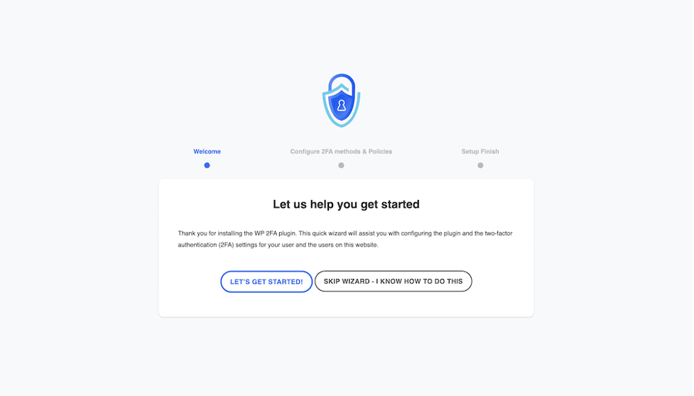 The WP 2FA Setup Wizard.