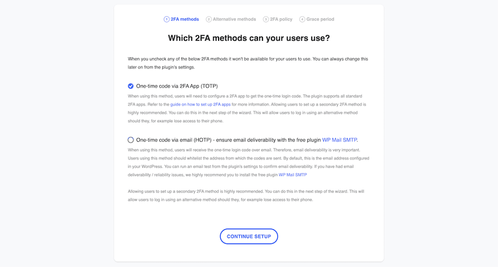 Choosing 2FA methods within the Setup Wizard.