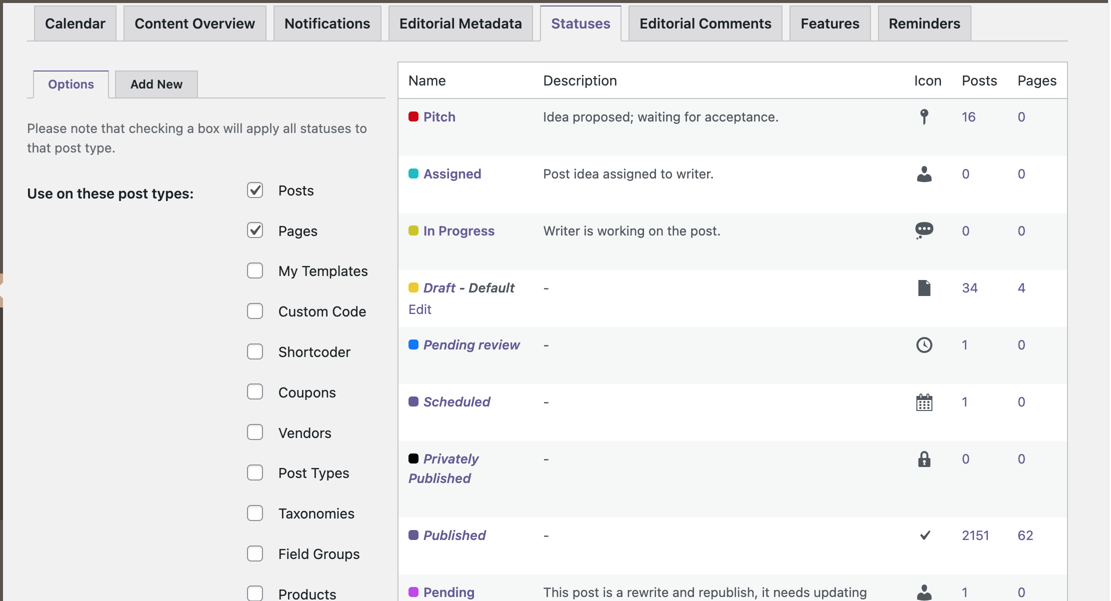 Assign status' color to post status