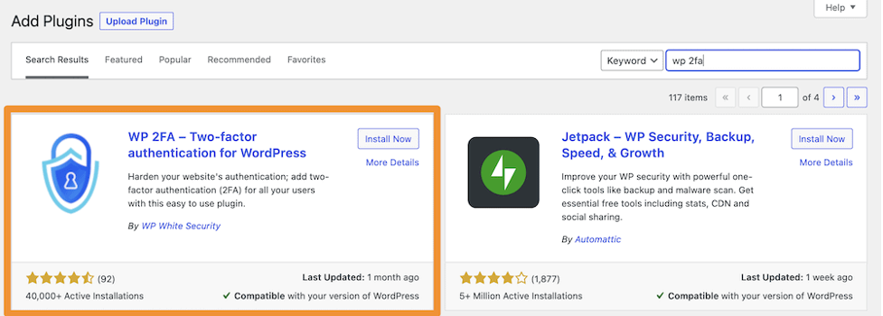 Finding the WP 2FA plugin within the WordPress dashboard.