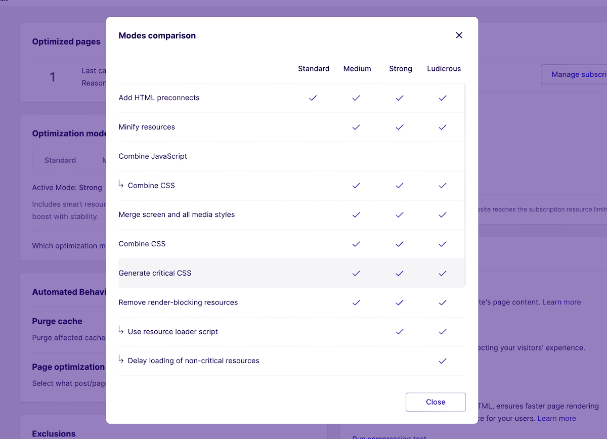 The mode comparison table within NitroPack.