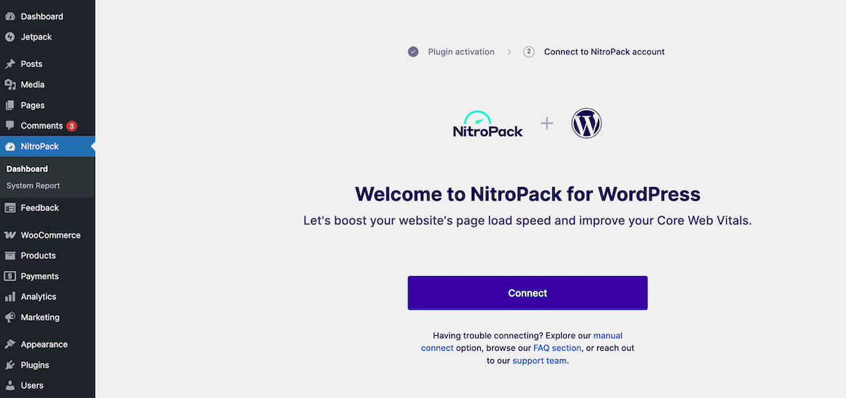 The Connect button within the NitroPack plugin.