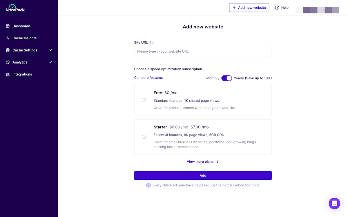 Adding a new site within the NitroPack dashboard.