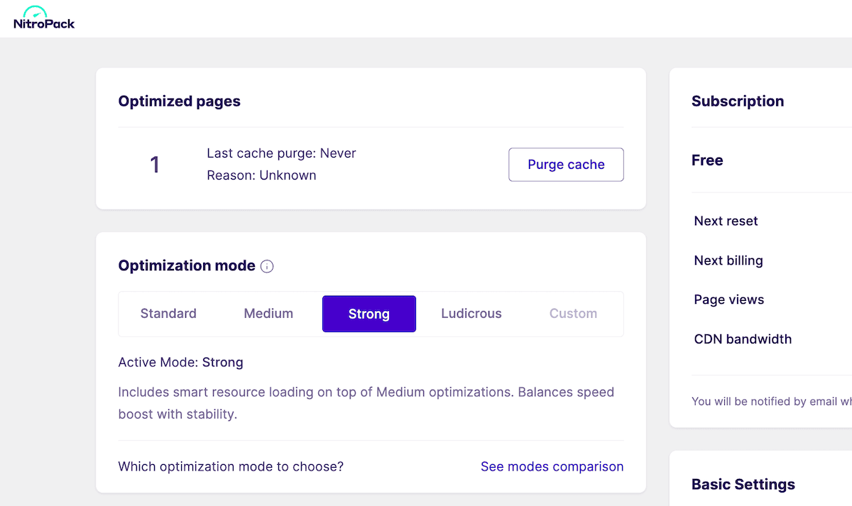 Selecting optimization modes in the NitroPack dashboard.