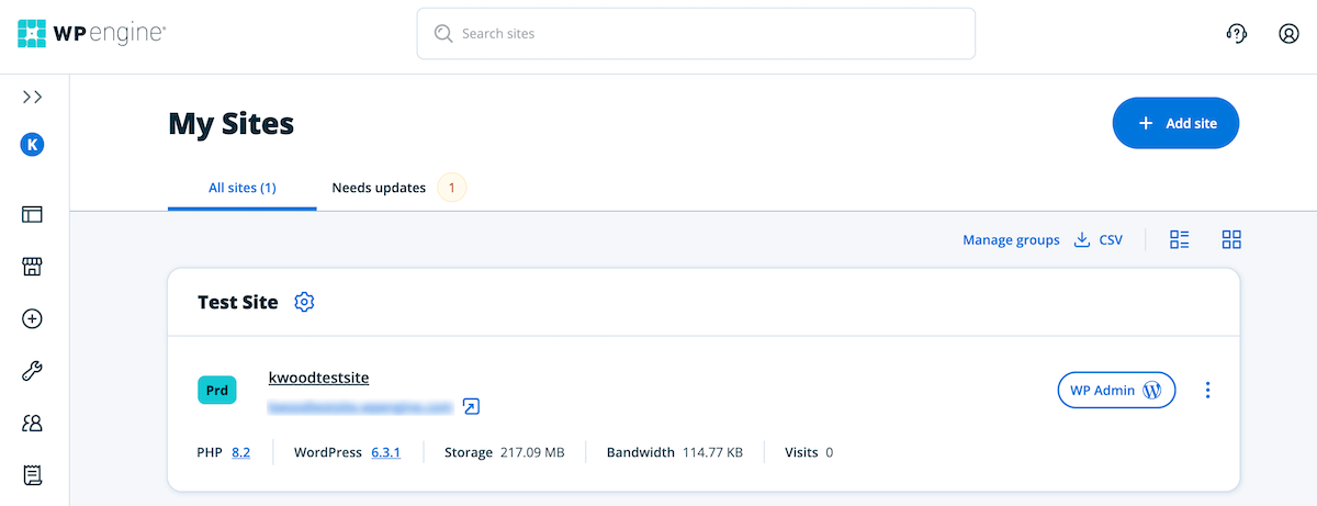 WP Engine hosting dashboard