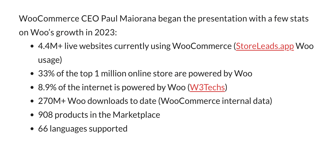 WooCommerce statistics from Pail Maiorana, Woo CEO.