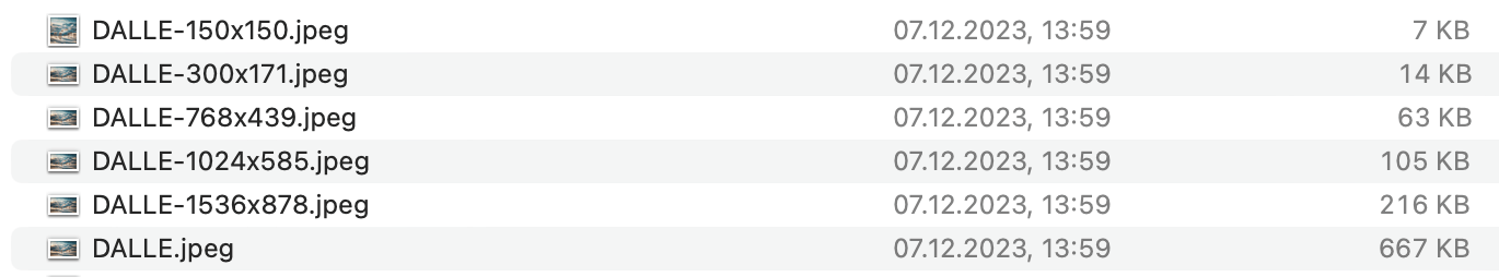 A list of image files generated by WordPress form a single uploaded picture.
