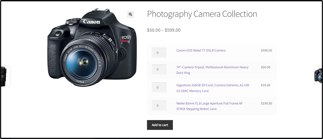 A product page showing photography themed WooCommerce grouped products.