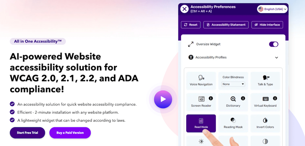 All in One Accessibility's website homepage.