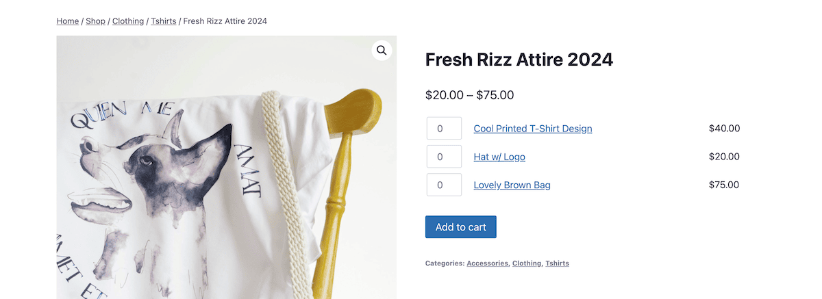 A grouped product collection on the front end of a WooCommerce store.
