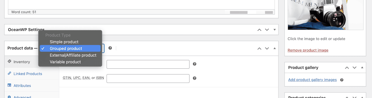 The Product data drop-down showing the Grouped product option.