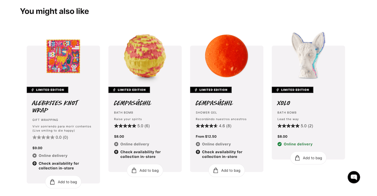 The Lush website showing numerous Dia de los Muertos products, complete with Add to Cart buttons.