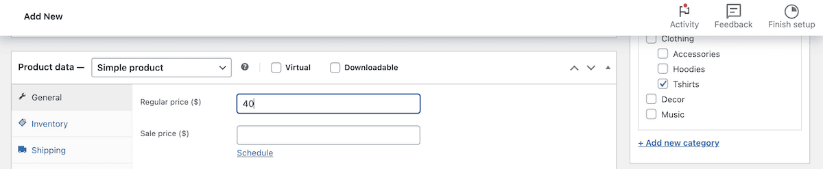 The Product data drop-down showing the Regular Price field.