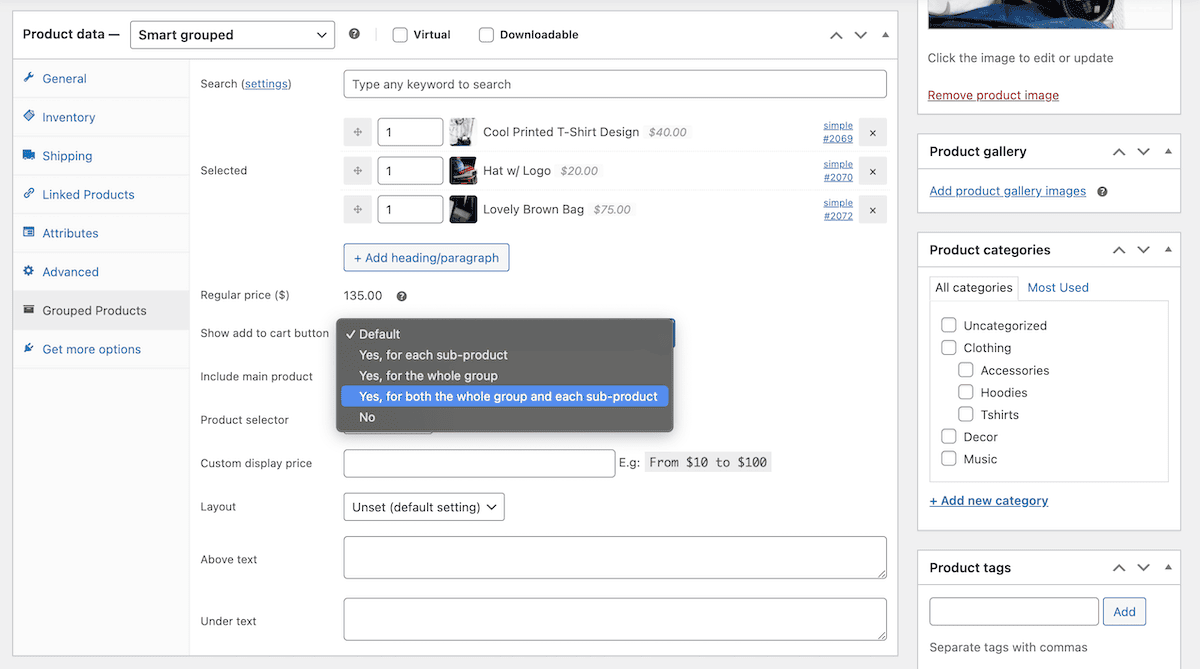 The Smart grouped metabox complete with product items and an option to showcase Add to Cart buttons for each product.