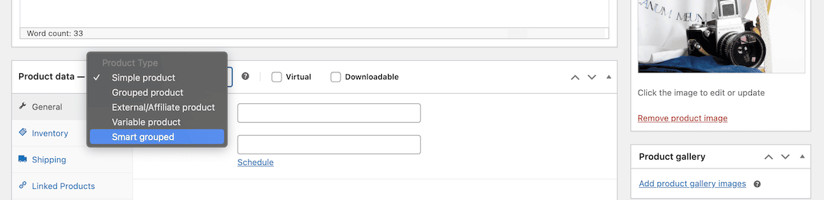 The Product data drop-down menu showing the Smart grouped option.