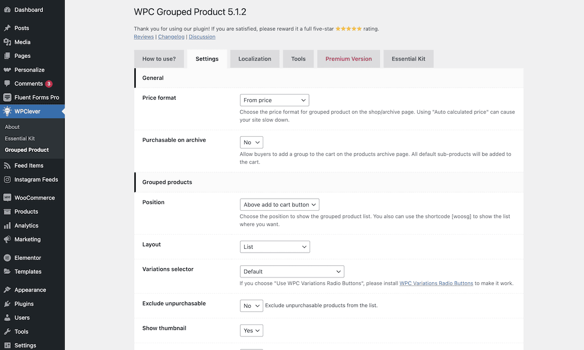 The WPC Grouped Product plugin settings screen within WordPress.