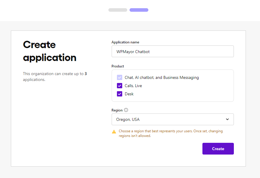The Sendbird AI chatbot Create Application screen.