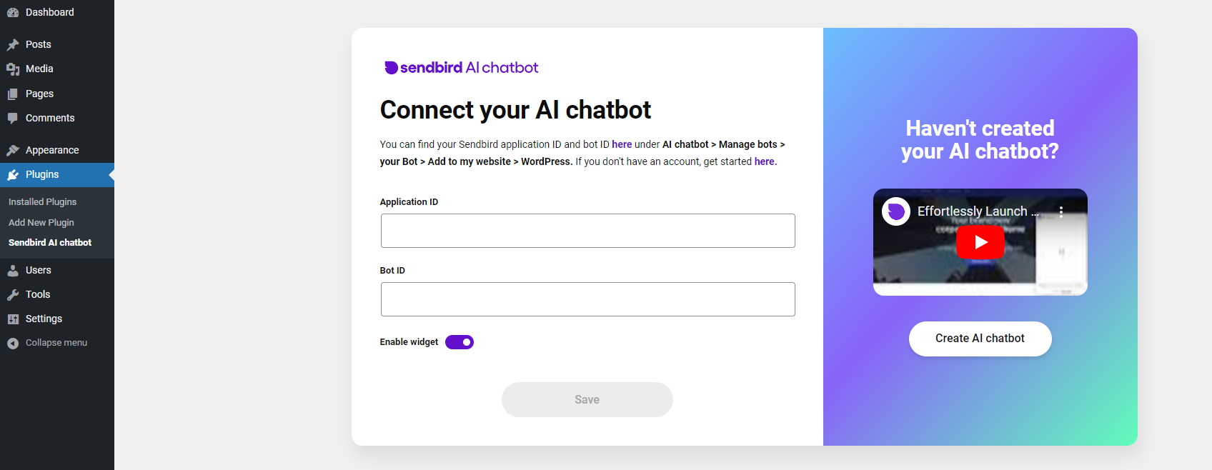 The Sendbird WordPress plugin screen showing fields to connect your chatbot.