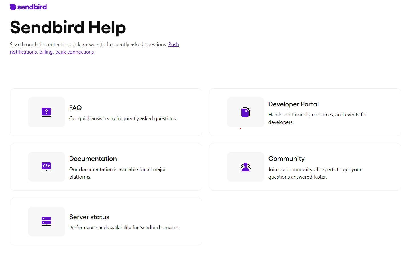 The Sendbird Help Center screen.