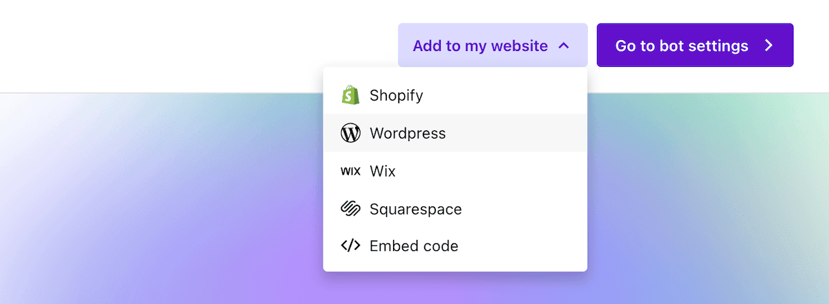 Choosing a method of adding the Sendbird AI chatbot to a website.