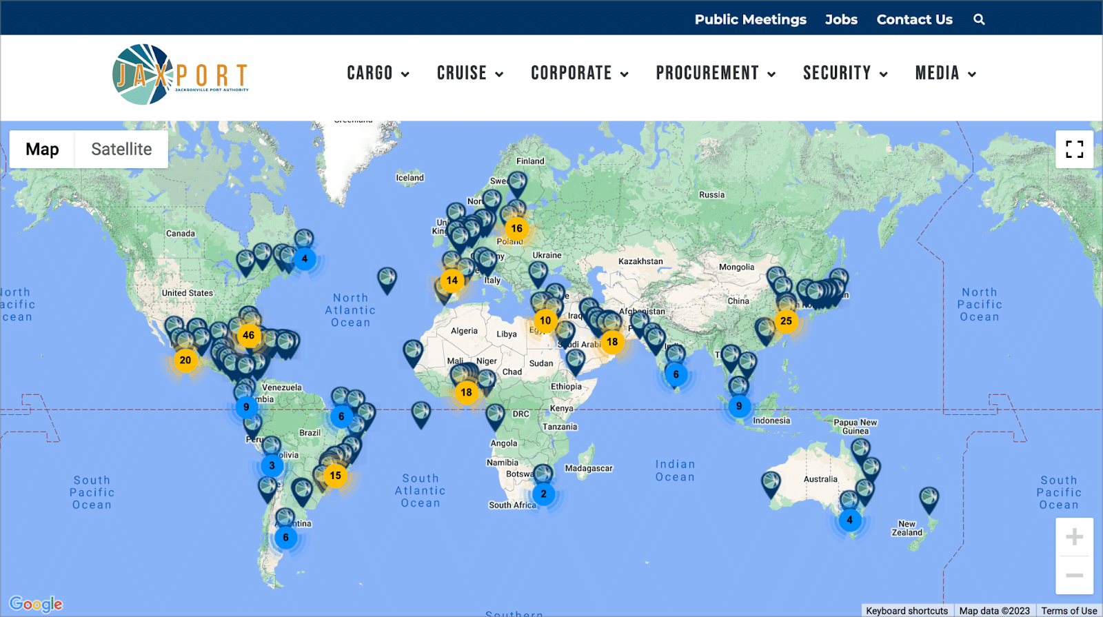 A map with markers at various places around the world where JAXPORT offers shipping services