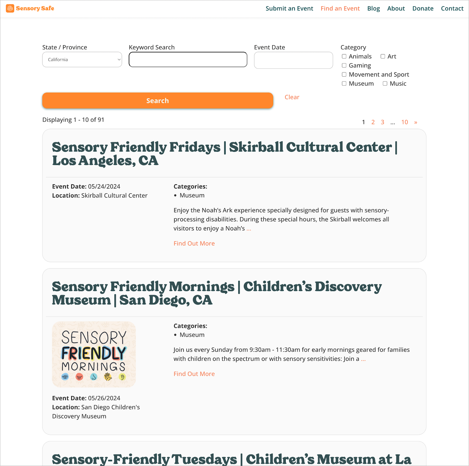 The event directory on the Sensory Safe website; it's built with gravityview