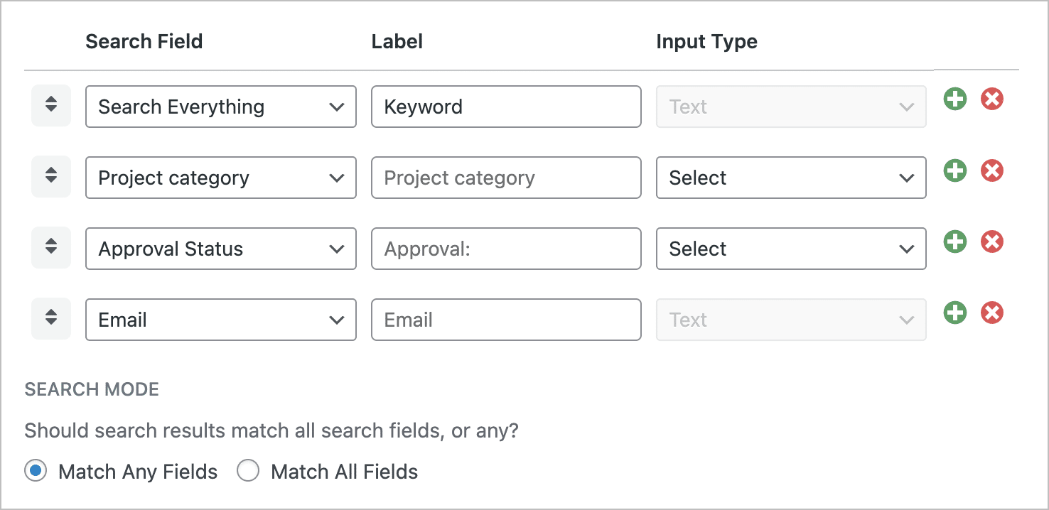 The search bar widget settings; there are several search inputs set up here with the option to add others
