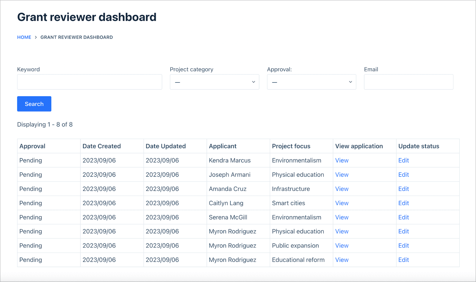 A grant reviewer dashboard as a WordPress web app. There is a search bar at the top and a table of applications below
