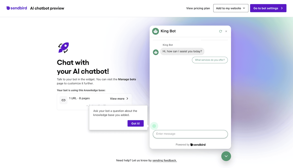 Previewing the AI chatbot within Sendbird.