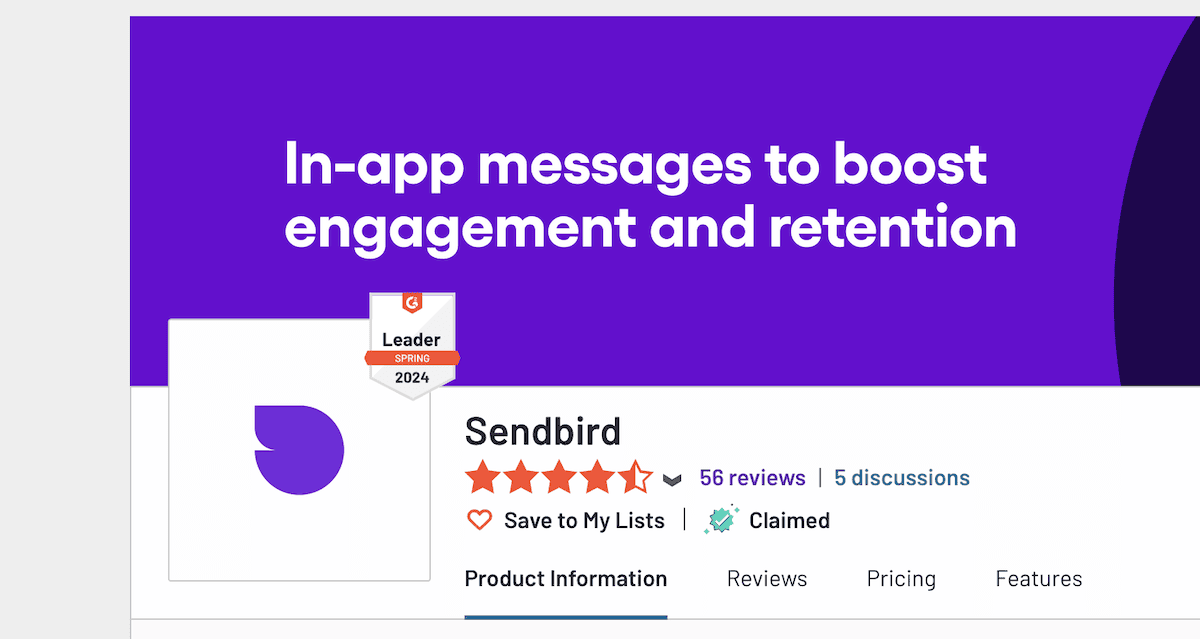 The Sendbird information panel on the G2 website.