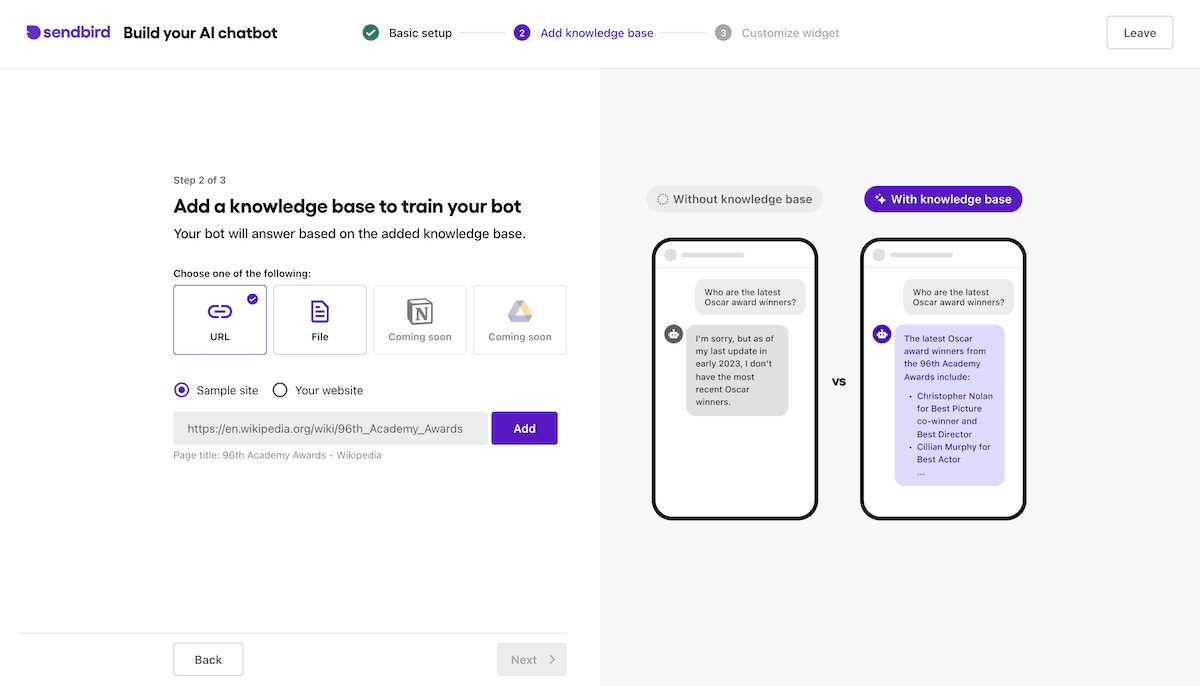 Adding knowledge files to your bot's training corpus in Sendbird.