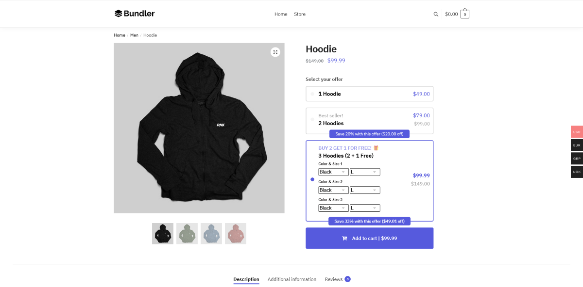 The front end of a WooCommerce store showing Bundler swatches highlighting a discount on products.
