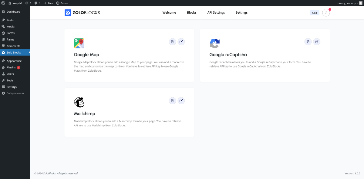 The ZoloBlocks API settings page, showing options for Google Maps, Google reCAPTCHA, and Mailchimp