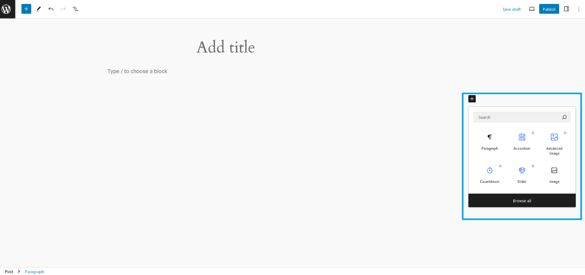Searching for Blocks within the Block Editor canvas.