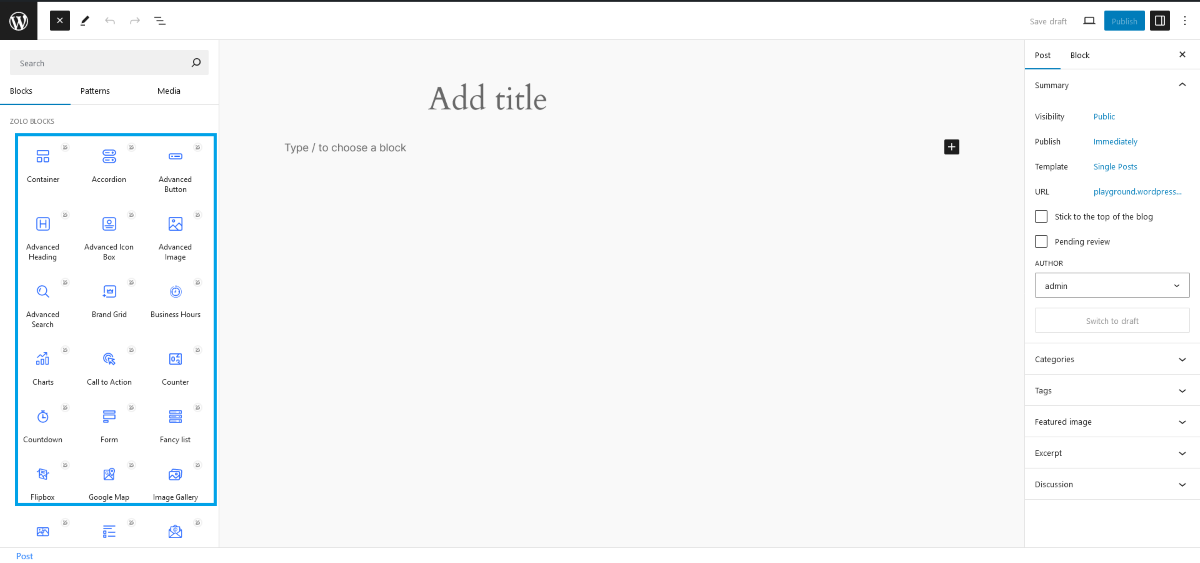 The WordPress Block Editor showing ZoloBlocks elements in the left-hand sidebar.