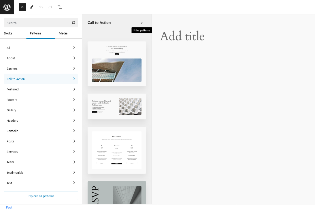 The WordPress Block Editor showing Patterns collections within ZoloBlocks.