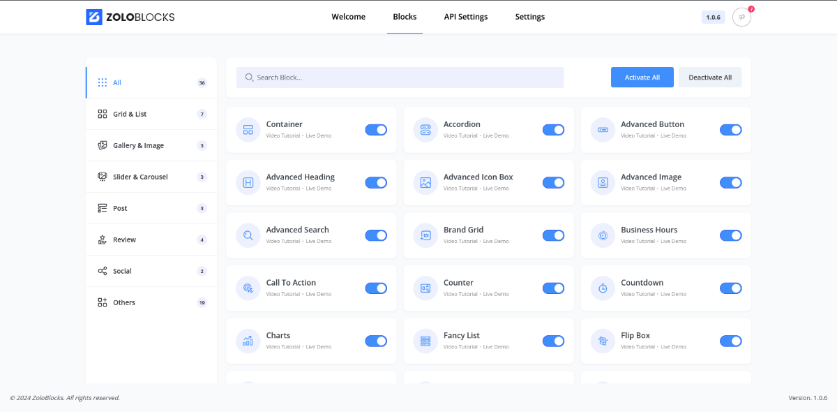 The ZoloBlocks Blocks screen, showing toggle switches for the various available Blocks.