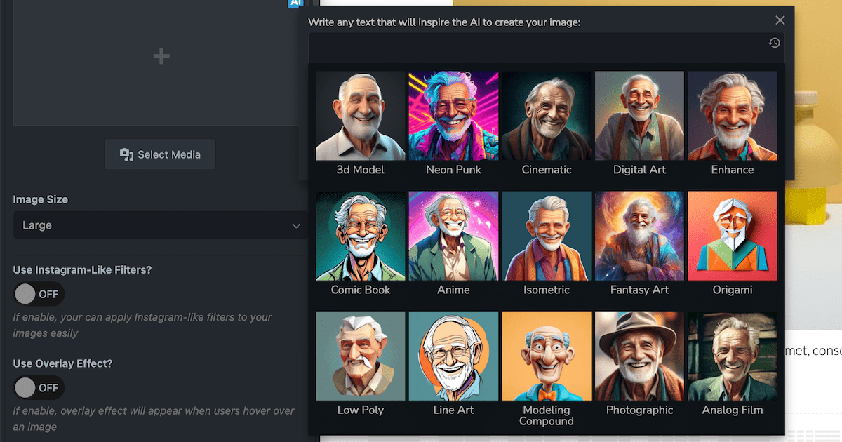 Choosing an image style from within the WP Composer plugin.
