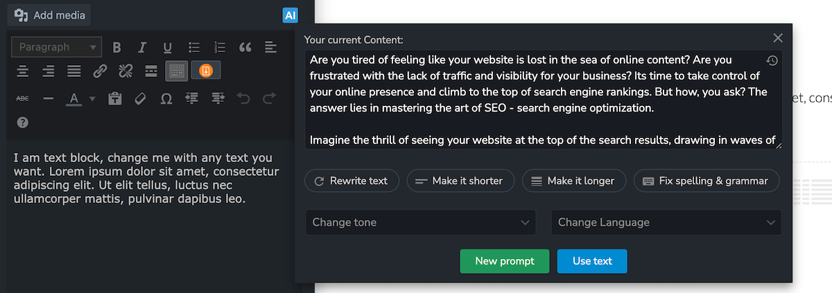 Generated text within the WP Composer tool.