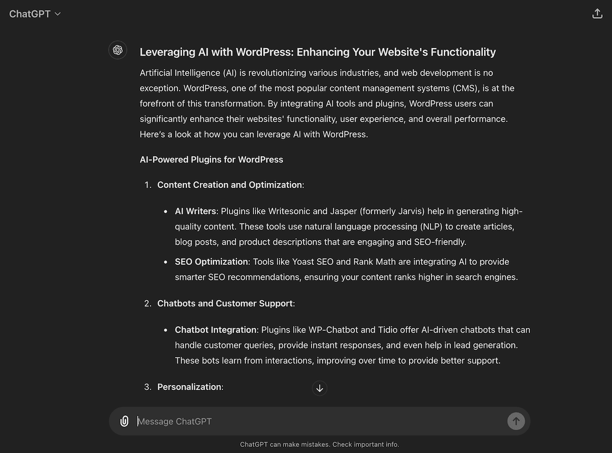 The ChatGPT interface, showing a generated article.