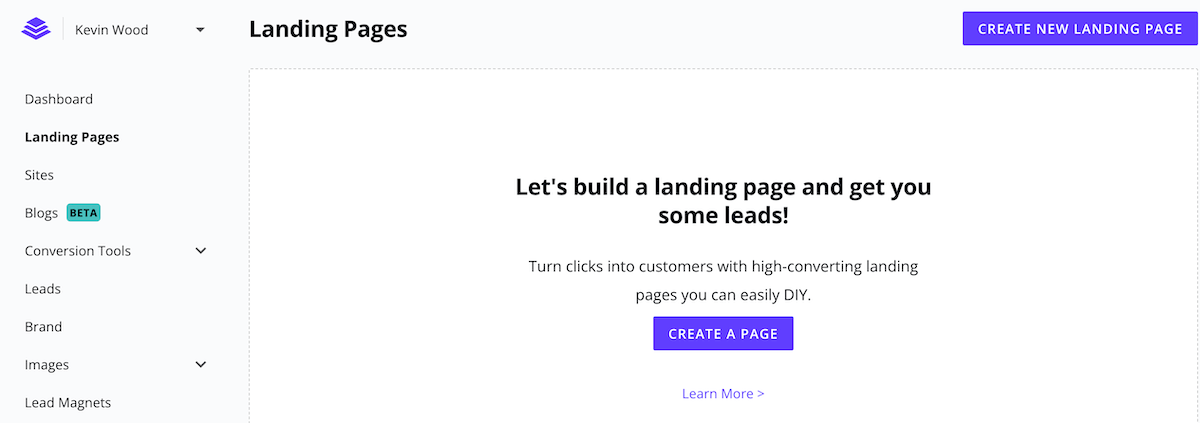 Create a new landing page inside the Leadpages dashboard. 